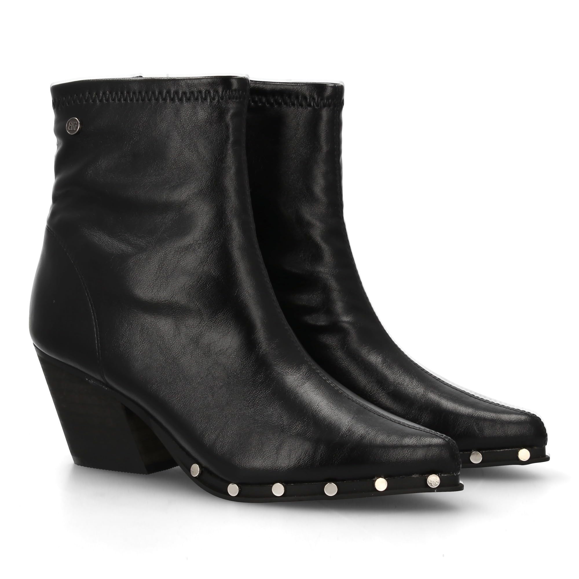 Botin de Mujer con Tacon Cubano, Detalles de Tachuelas, Estilo Moderno Acabado en Pico, Estampado Liso, Cierre Lateral de Cremallera, Ideal Otono Invierno.