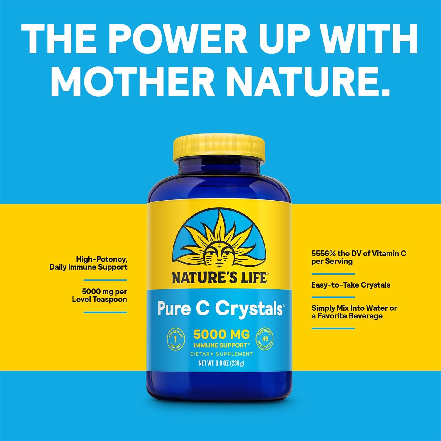 Nature's Life Pure Vitamin C Crystals - 5000mg VIT C - Antioxidant and Immune Support Supplement, Cardiovascular Support - Easy-to-Take Vitamin C Powder Crystals - 60-Day Guarantee, 45 Servings, 8oz
