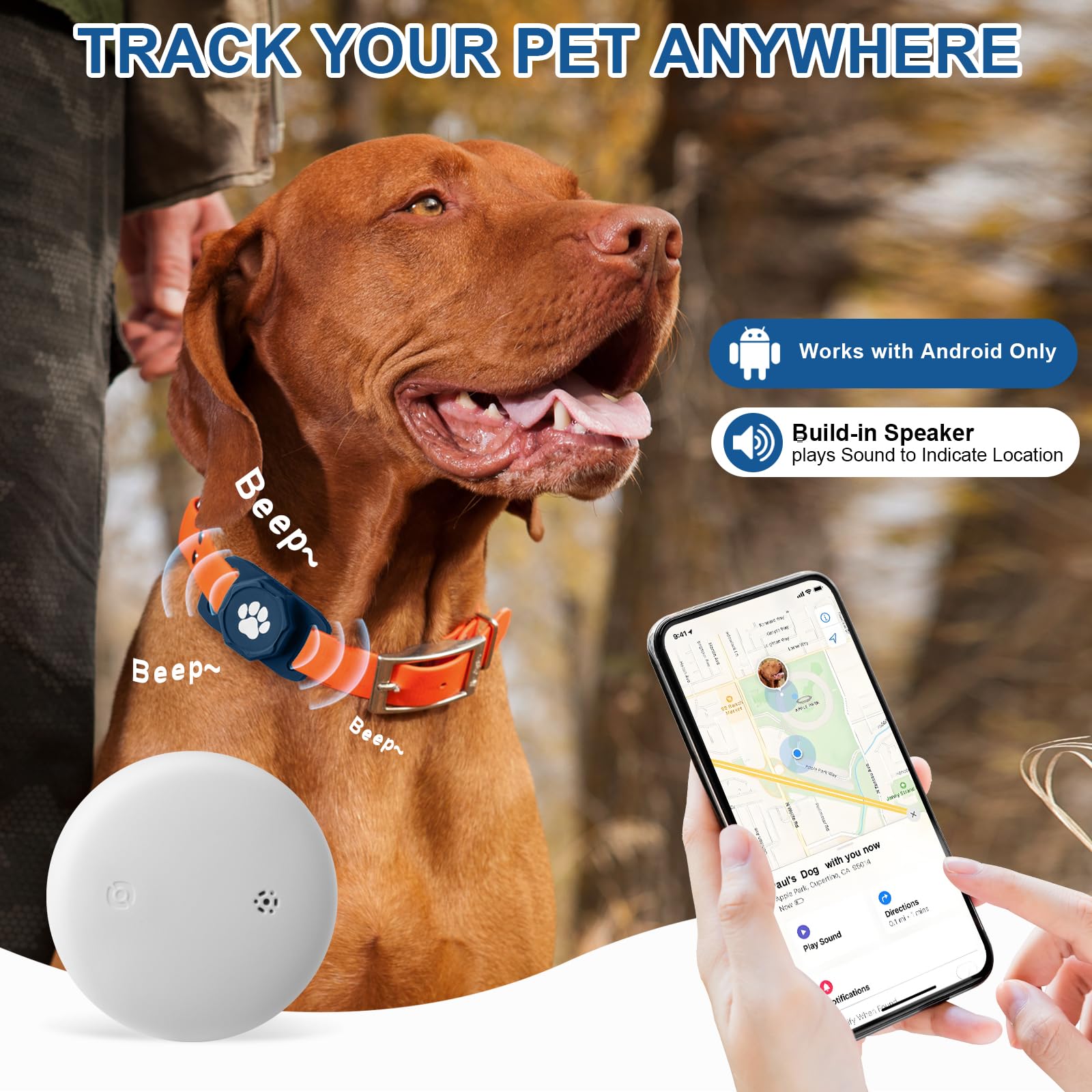 Tracker intelligent pour collier – Tracker de localisation de chien avec support, compatible avec Google Android uniquement (pas pour iOS), bleu