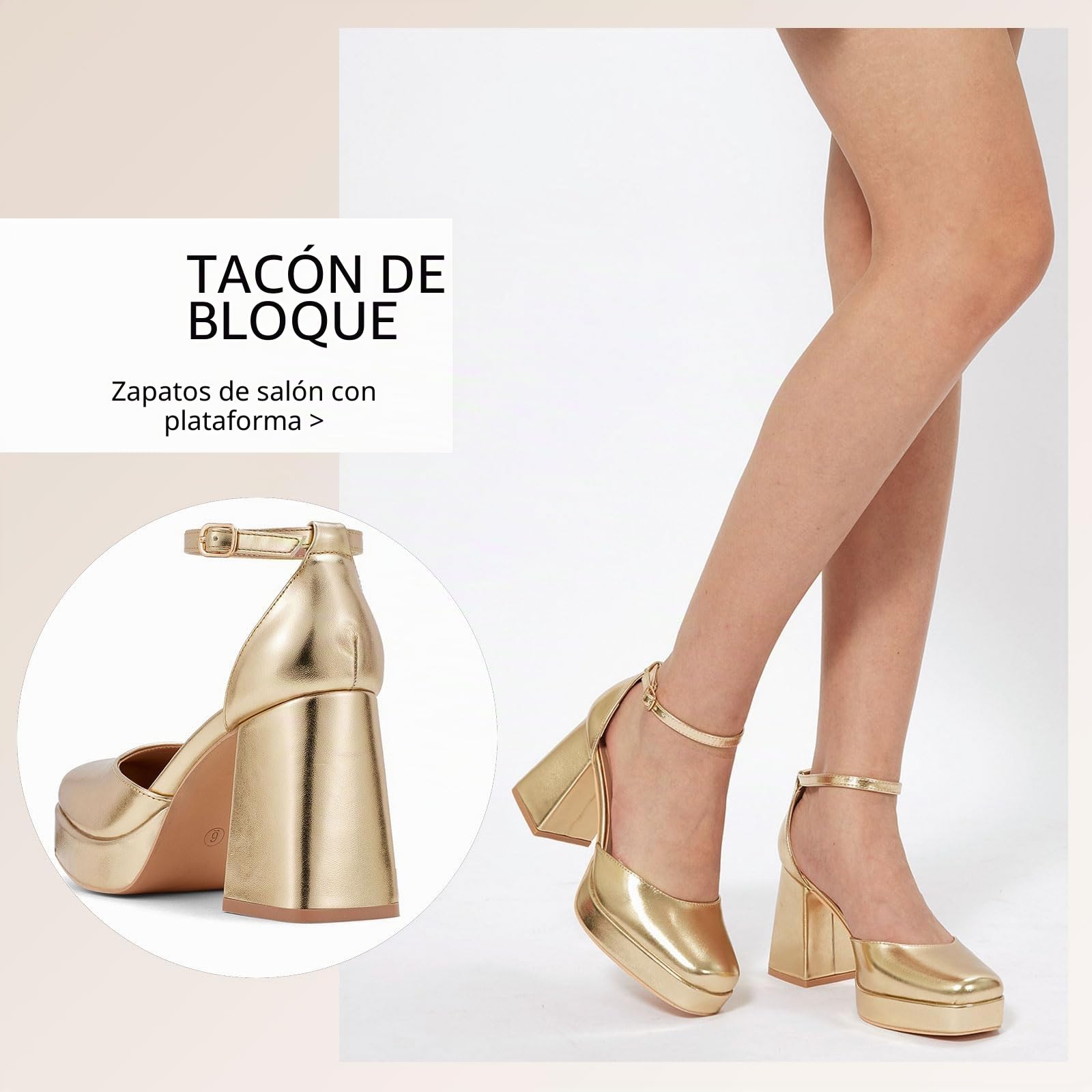 GENSHUO Zapatos de Tacón de Plataforma Gruesos para Mujer Tacones de Punta Cuadrada Cerrados de 10 CM con Vestido con Correa en el Tobillo Zapatos de Fiesta de Boda