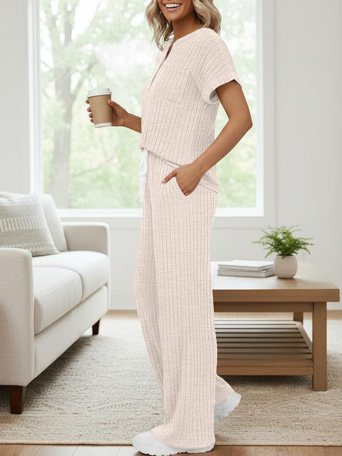 LILLUSORY Women's 2 Piece Matching Lounge Sets Summer Henley Neck Wide Leg Pants Casual Sweat Suit - Image 4