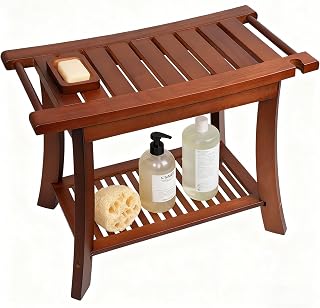 Teak Shower Stool 24 Inch Waterproof - 300-Pound Capacity Wooden Chair with Storage Rack, Ideal for Leg Shaving, Spa Tub & Indoor Bathroom