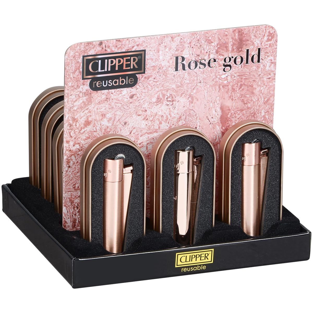 Clipper Metal Lighters Rose Gold Finish Refillable Pocket Lighters with Adjustable Flame Premium Metal Body Full Display of