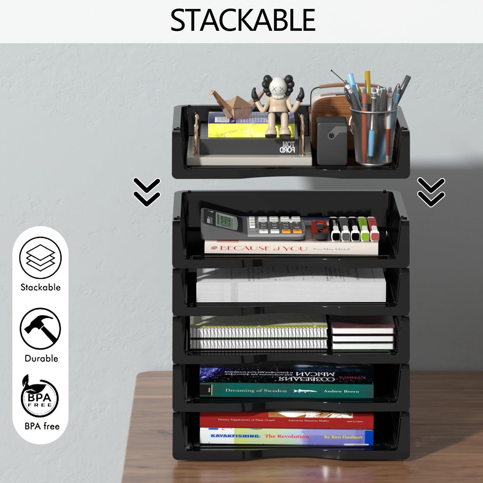 Bac à courrier empilable en plastique à 6 niveaux, format A4, plateau de rangement de papier de bureau, noir