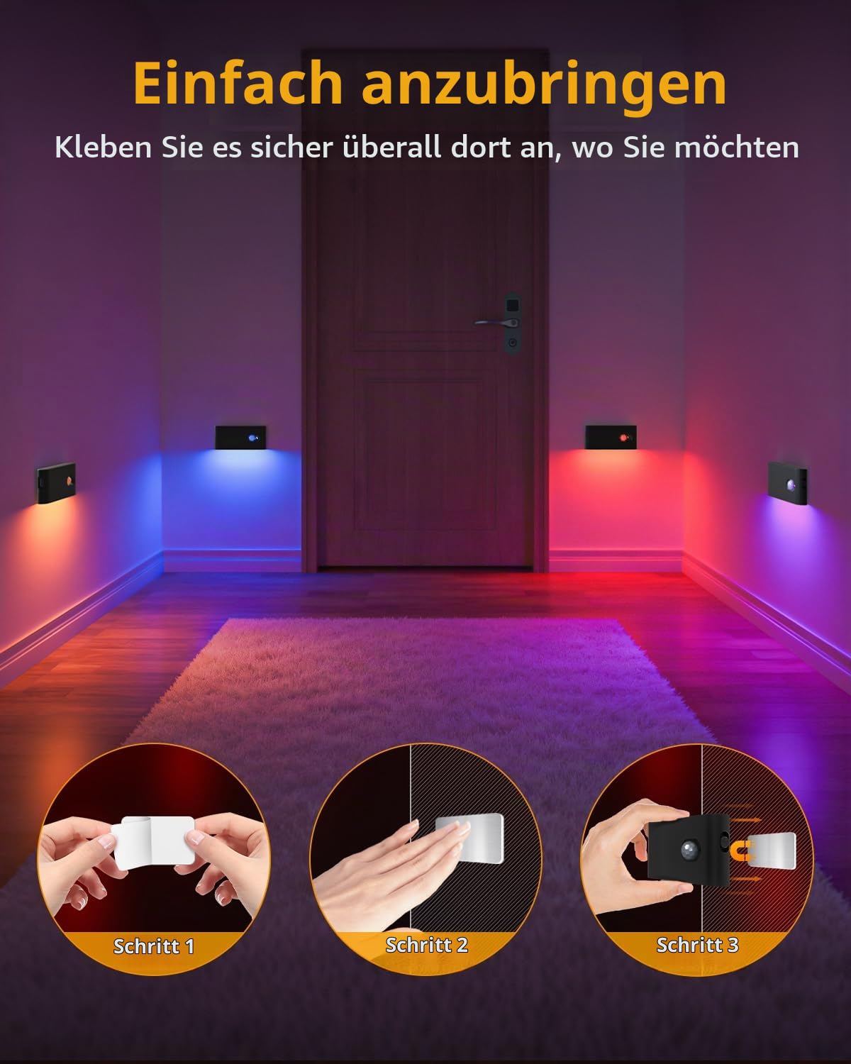 WILLED RGB & Warmweiß Led Nachtlicht mit Bewegungsmelder Akku, 8 Stück USB lampe mit bewegungsmelder innen, Treppenlicht mit 3 Modi, Treppenbeleuchtung für Treppe,Flur,Schlafzimmer,Küche,Badezimmer