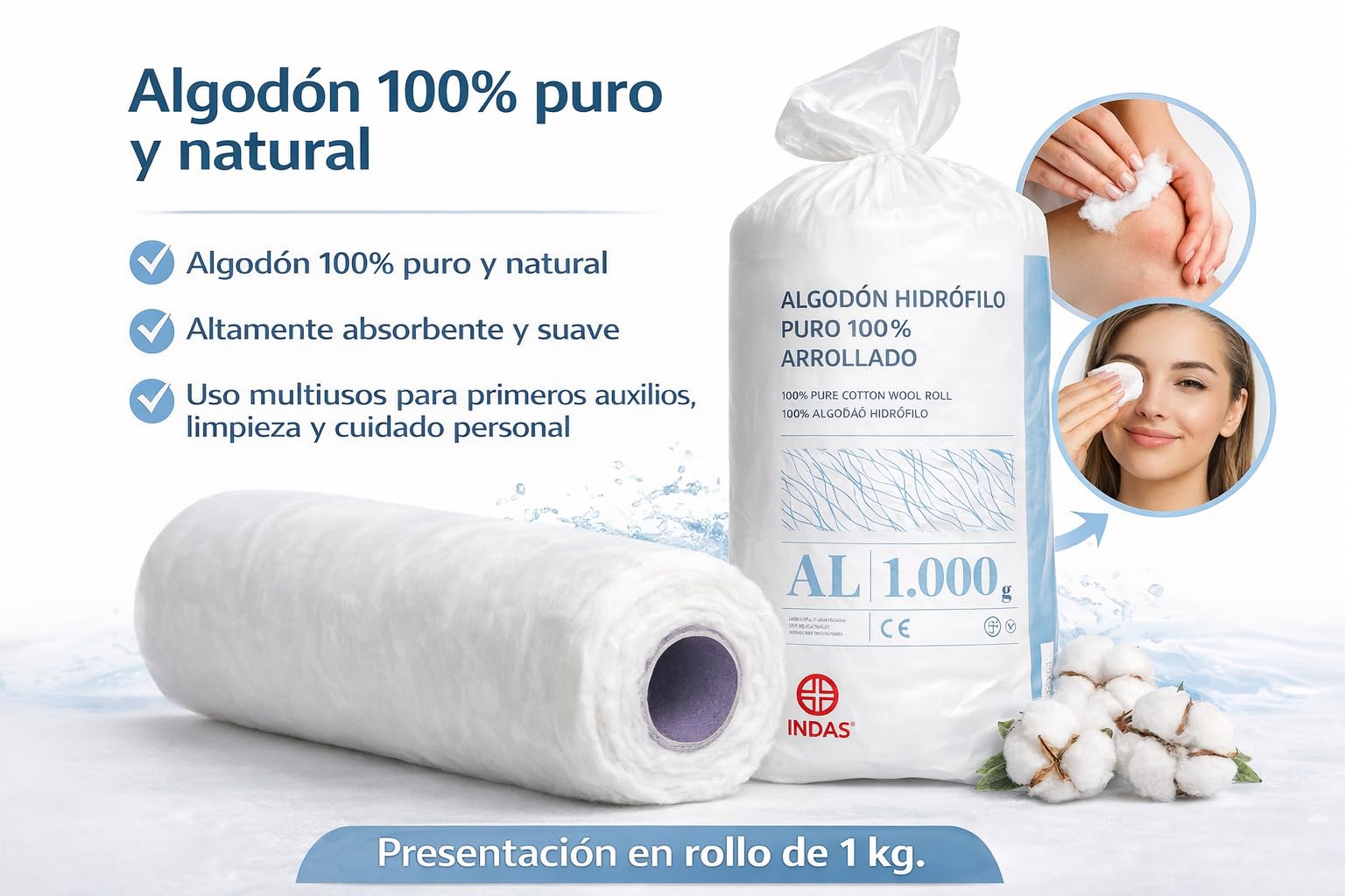 Algodón Arrollado 1000 g para Uso Sanitario y Doméstico