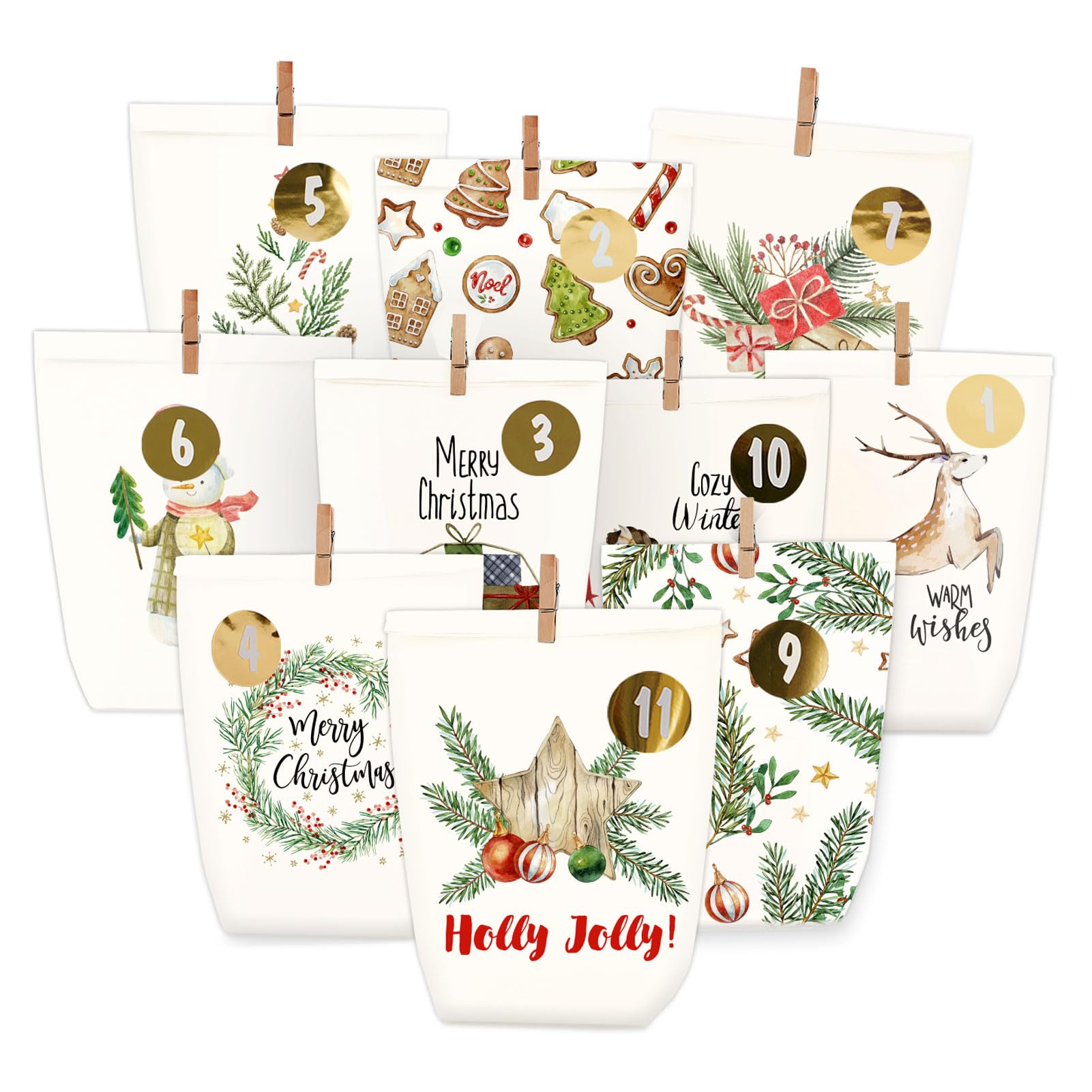 Adventskalender Tüten zum Befüllen, Weihnachtskalender Papiertüten, DIY Advents Kraftpapiertüten Selbstbefüllen zum selbst füllen, 24 Bedruckte Geschenktüten für Kinder (Winter bunt2)