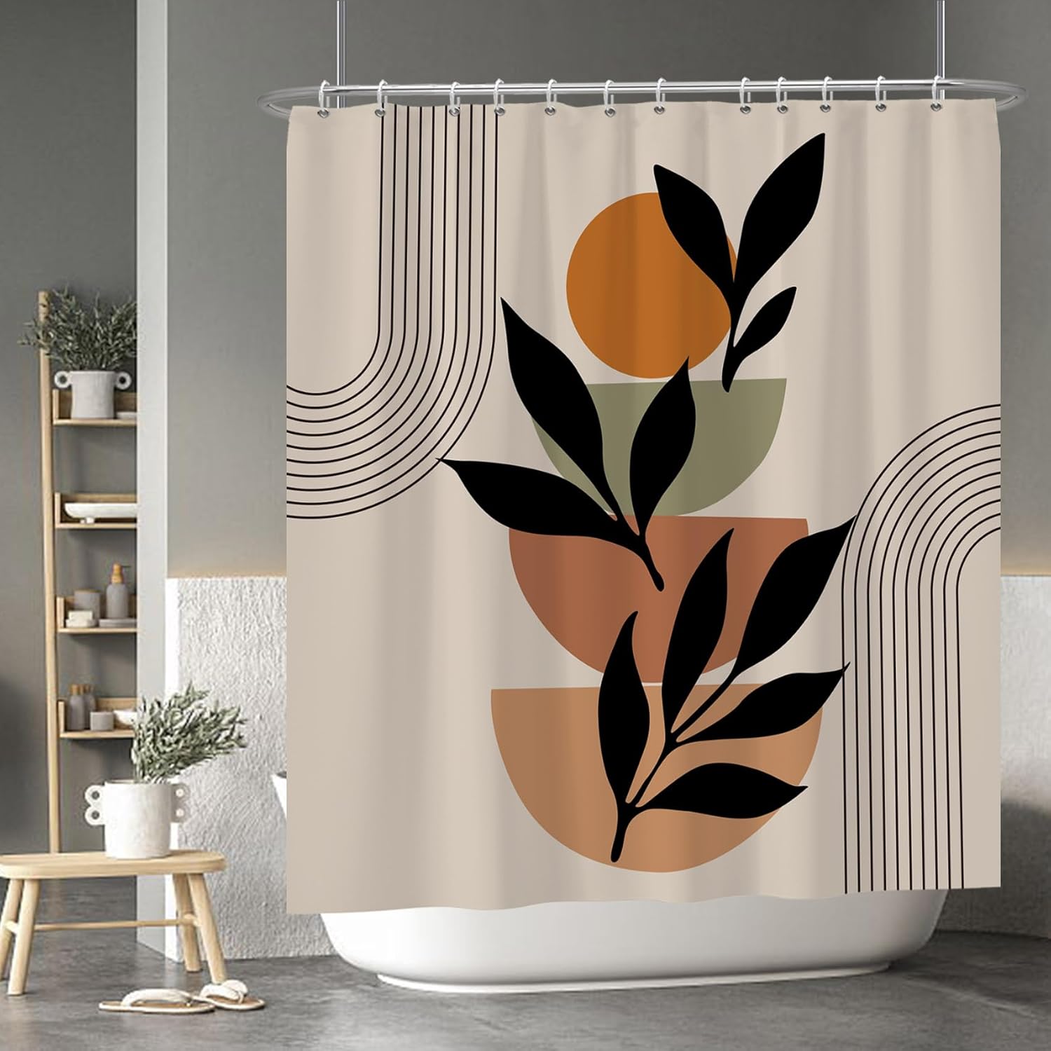 Baocicoo Boho Mid Century Shower Curtain Set Modern Minimalistic Leaves Shower Curtain for Bathroom Dormitory Bathtub Decor Durable Fabric Waterproof Curtain for Bathroom with Hooks 72x78 Inches