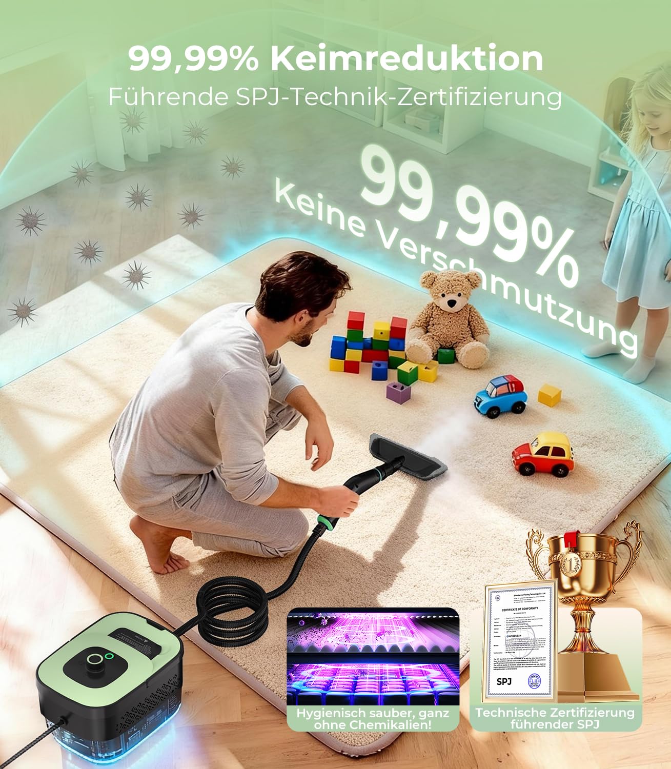 Dampfreiniger Handgerät mit 18-Teiligem Zubehör, 2500W & 9s Turbo-Dampf mit 5 BAR Druck – 99,99% Reinigung & 100% Natürlich,Steam Cleaner für Boden, Küche, Bad, Fenster, Polster & Auto