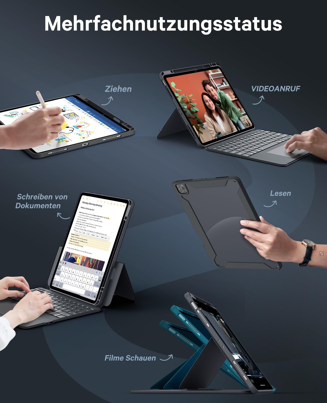 HOU Custodia con tastiera per iPad Air 13 M4/M3/M2 e iPad Pro 13 M5/M4 & Pro 12,9, tastiera rimovibile, supporto girevole a 360°, modalità ritratto e orizzontale, trackpad multi-touch, tasti