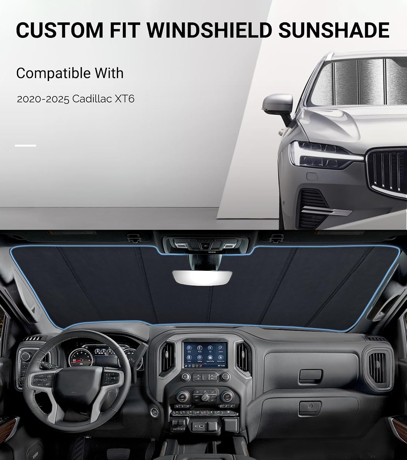 Pigenius Windshield Sunshade for Cadillac XT6 2020-2025 (Luxury 3-Row SUV), Metallic Silver Finish