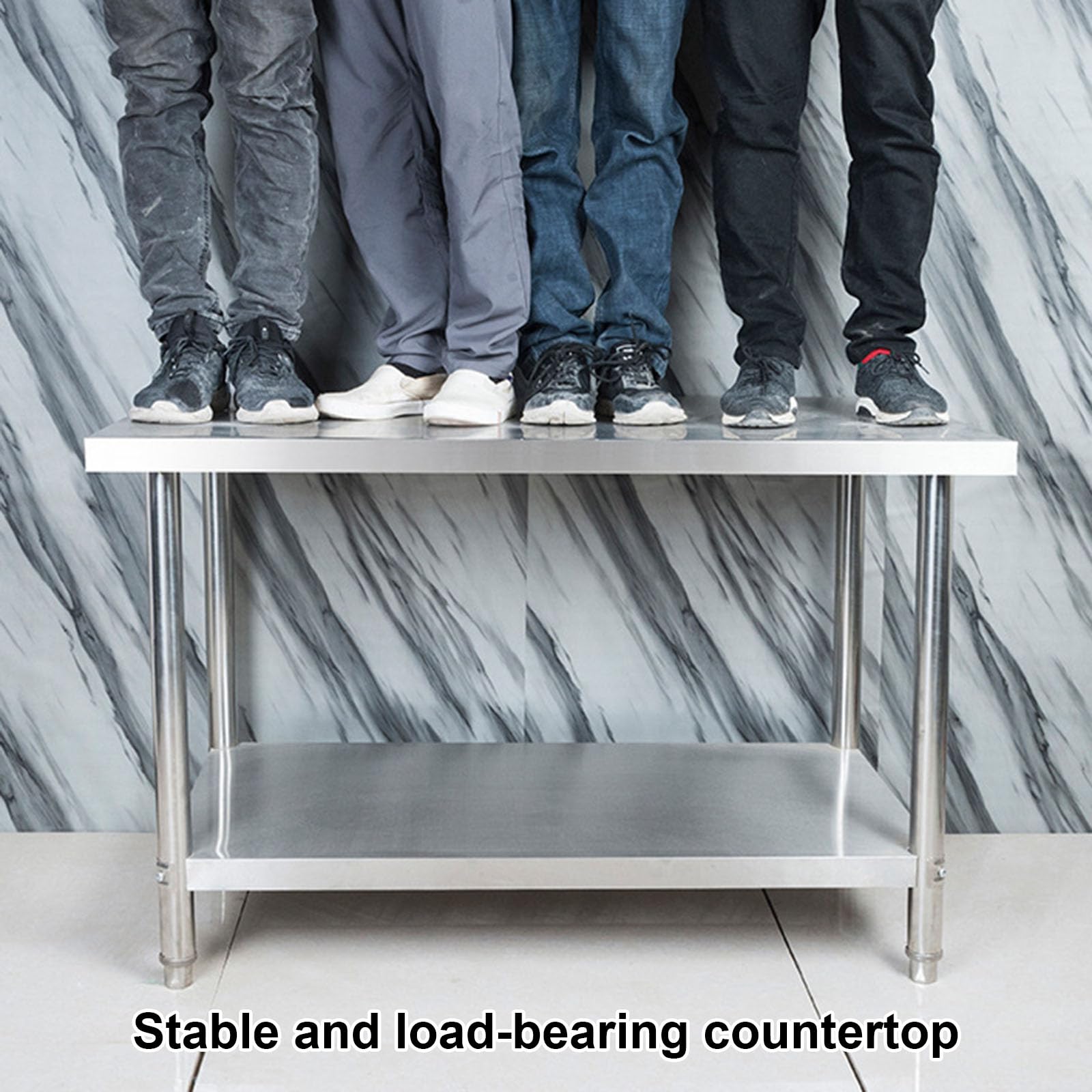 Mesa de preparación de acero inoxidable resistente con estante superior de doble nivel, mesa de trabajo comercial para restaurante, bar, cocina (59 x 19.6 pulgadas) y fácil de limpiar