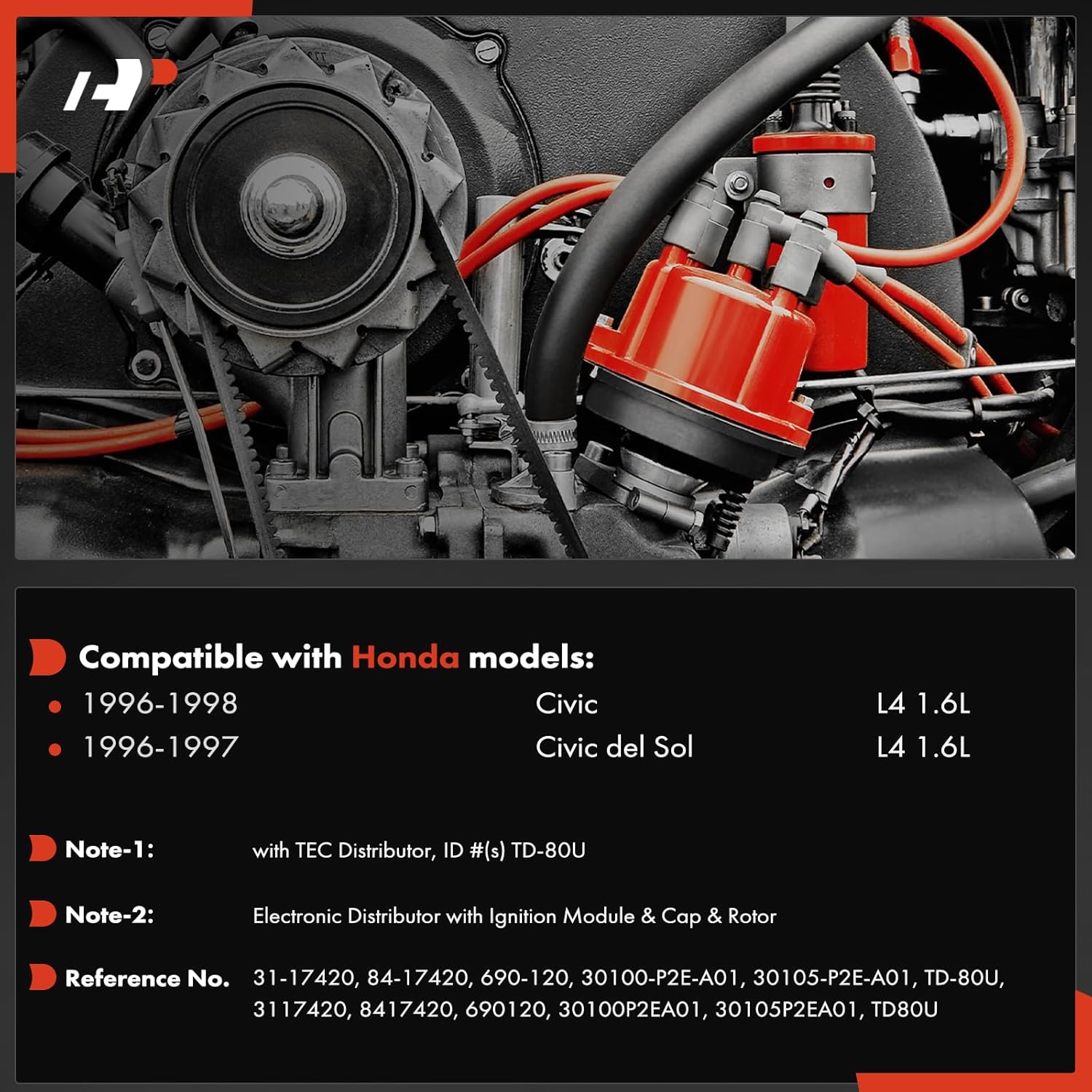 A-Premium Ignition Distributor with Cap and Rotor Compatible with Honda Civic 1996 1997 1998, Civic del Sol 1996-1997