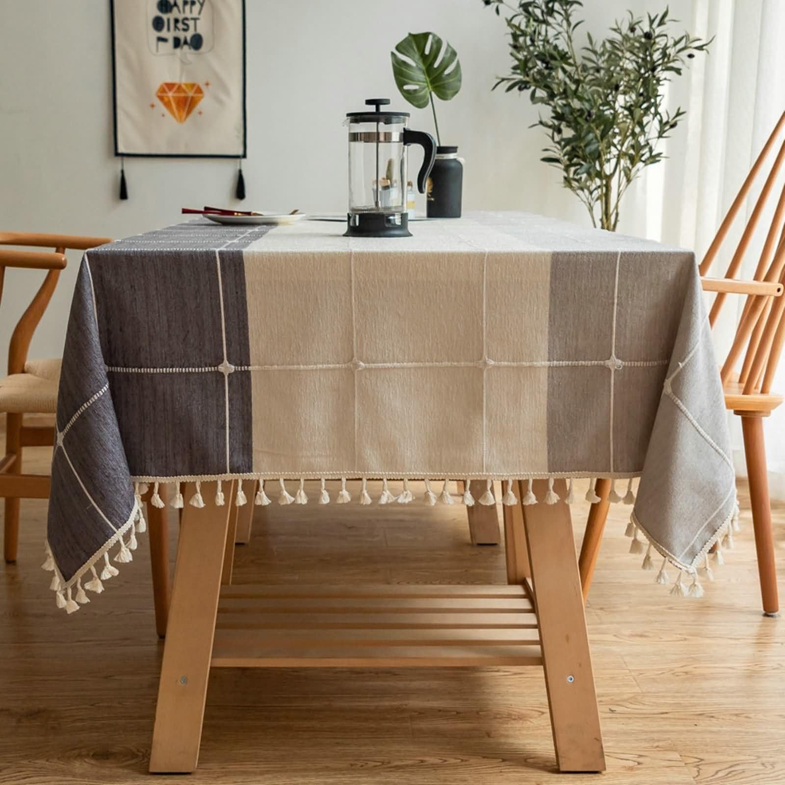 Mantel Antimanchas y Lavable Rectangular Gris Claro Gris Oscuro Mesa, Empalme de Cuadros con Borlas, de Chenilla Suave, 140 x 220 cm, Mantel para Terraza