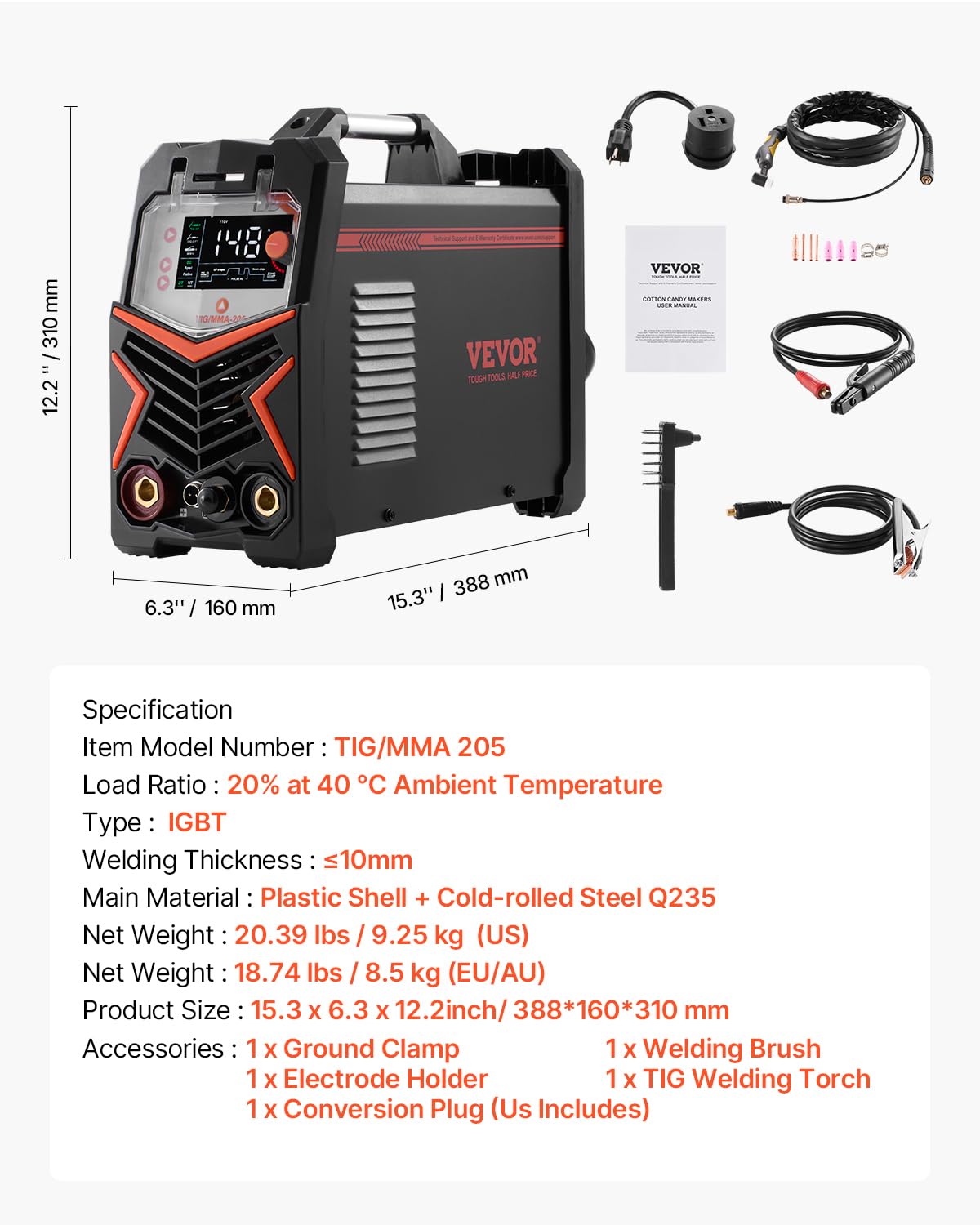 VEVOR Máquina de Soldar TIG 3 en 1 de 205 A, Pantalla LED Grande, Máquina de Soldadura TIG con Inversor IGBT y Arranque de Alta Frecuencia, TIG CC/TIG Pulsado CC/MMA, Varilla, 388 x 160 x 310 mm