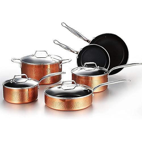COOKSMARK 10 Piece Hammered Copper Cookware Set with Nonstick Coating, Induction Pots and Pans Set Dishwasher Safe
