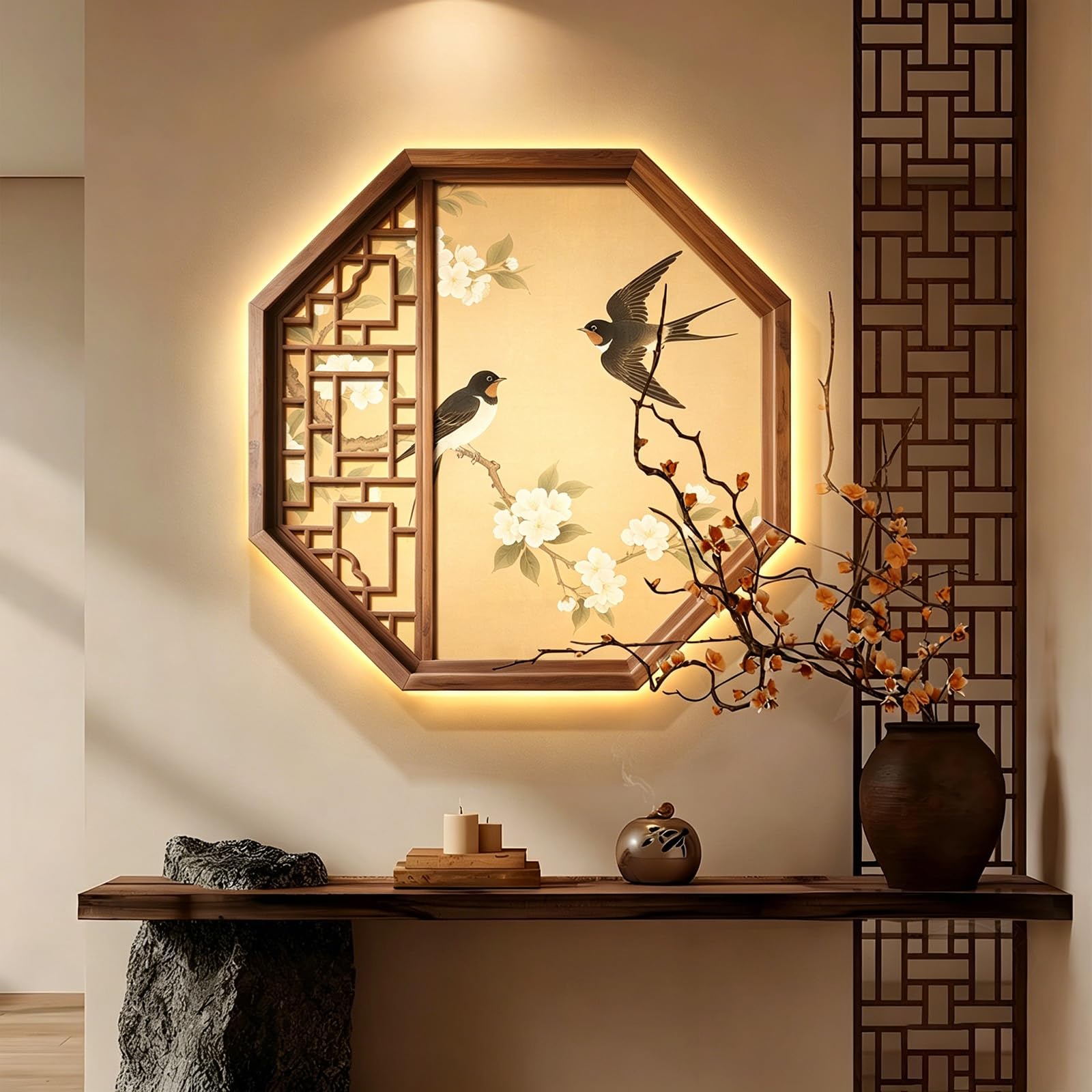 Sculpture murale suspendue en cristal : art mural 3D LED paysage zen 50cm