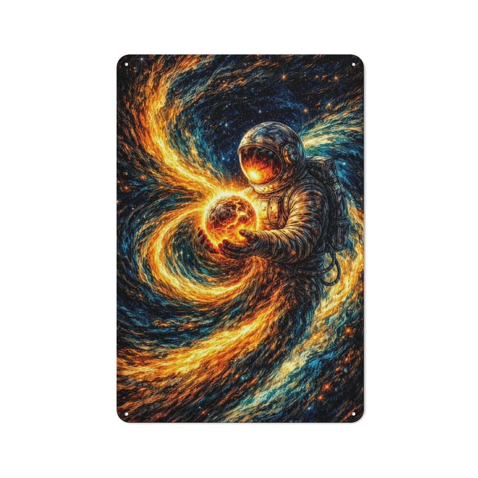 Junmoney Style-18 Rustic Tin Sign 30X20cm Featuring Astronaut Holding A Fiery Planet For Living Room Wall, For Room Styling Across Living Rooms And Feature Walls