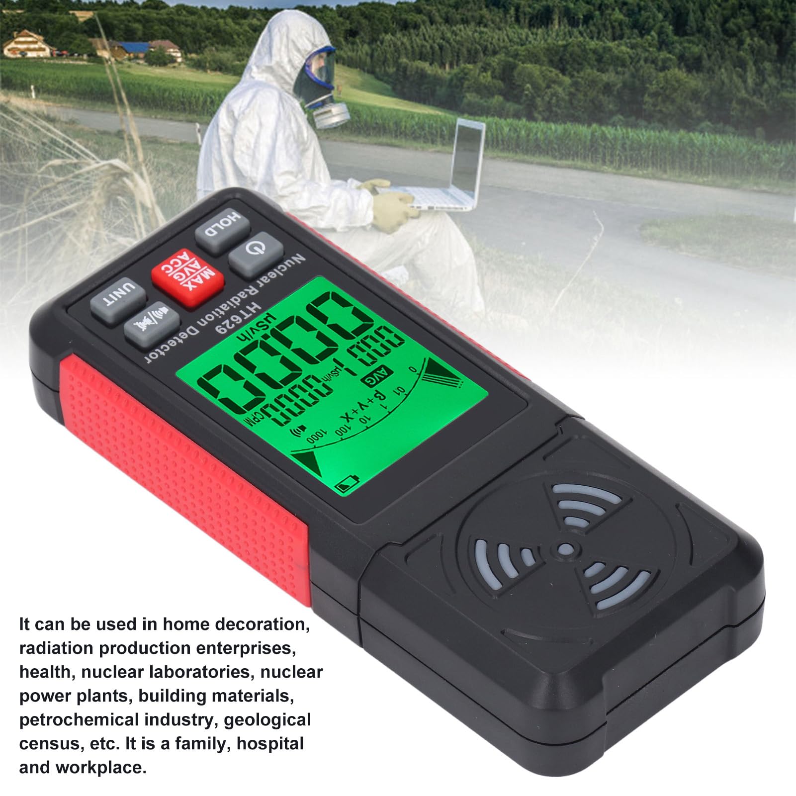 HT629 Detector de Radiación Nuclear Portátil Monitor Medidor Alta Sensibilidad 0.00μSv/h‑50000μSv/h Alarma de Luz Sonora Bajo Consumo de Energía para Inspecciones de Oficinas en