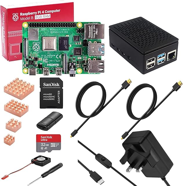 SANOOV Raspberry Pi 4 8GB Starter Kit- 32GB SD Card/Motherboard / 5V 3A Power Cable with Switch/2 x HDMI to HDMI Cable/Card Reader/Black ABS Case/Cooling Fan/Heat Sink/Screwdiver.