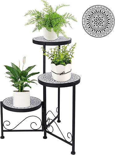 Vipush Soporte para plantas de 3 niveles con parte superior de cerámica de mosaico, soporte plegable de 3 niveles, estante duradero para plantas de