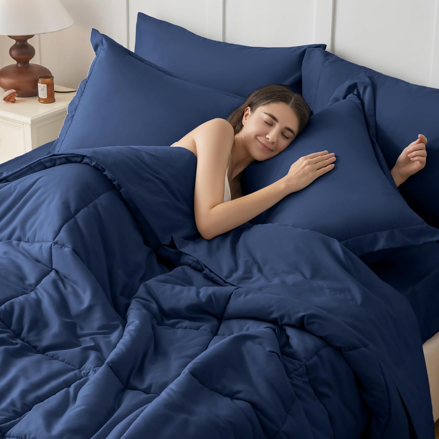 JOLLYVOGUE Queen Comforter Set 7 Pieces - Ming Blue Bed in a Bag Ultra-Soft - Goose Down Alternative - Premium 1800 Series with Comforter, Sheets, Shams & Pillowcases