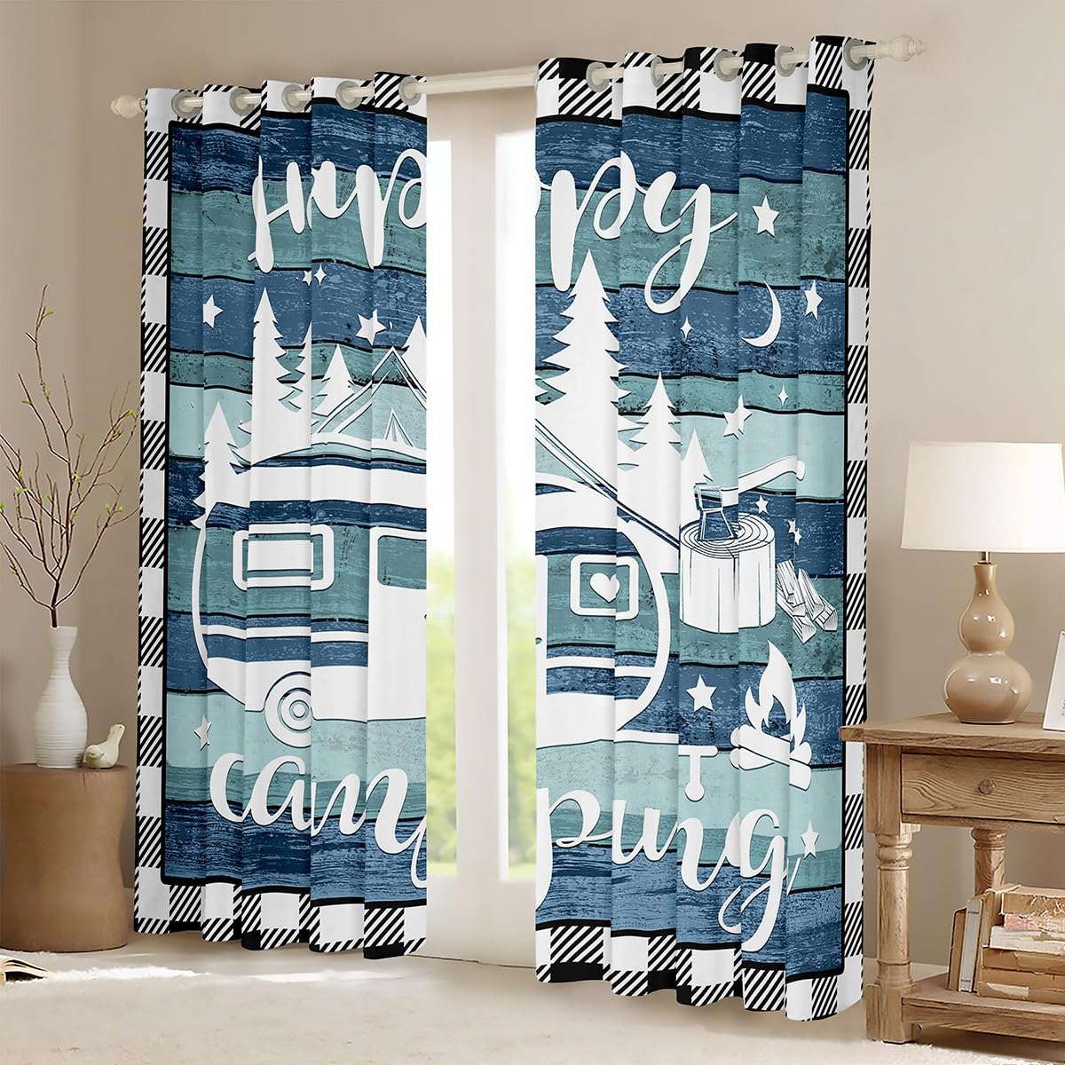 Homemissing Cortinas Opacas De Gran Camping 30%-50% Para Sala De Estar, Niños, Caravana, Camping, Cortinas De Ventana Vintage, Tablón De Madera, Verde, Azul, Blanco, Tratamientos De Ventana De 46 X 54