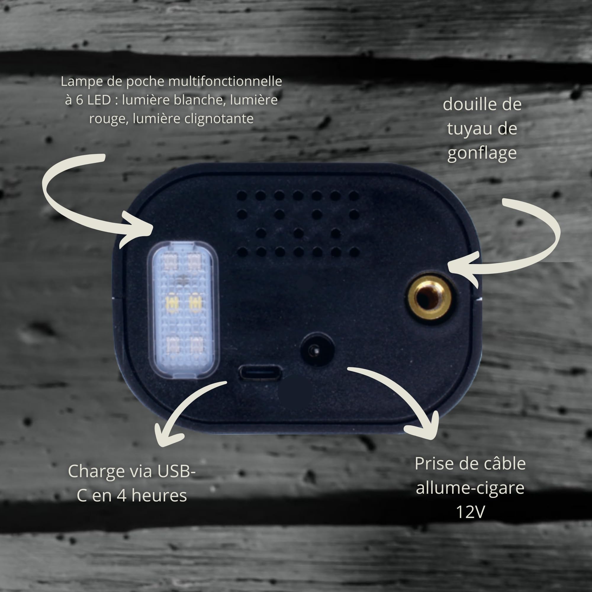 Goodyear Compresseur Portable Rechargeable sans Fil 6 000 Mah, 5 en 1 : Gonflage, Dégonflage, Mesure de Pression, Batterie Externe, Lampe Torche à 6 LED, Accessoires Inclus, Prise Allume-Cigare