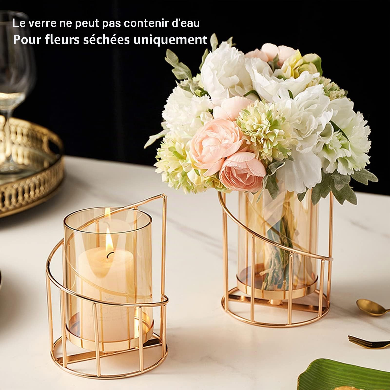 Lot de 2 bougeoirs en Fil métallique en Verre doré pour décoration d'intérieur, décoration de Table, Centre de Table