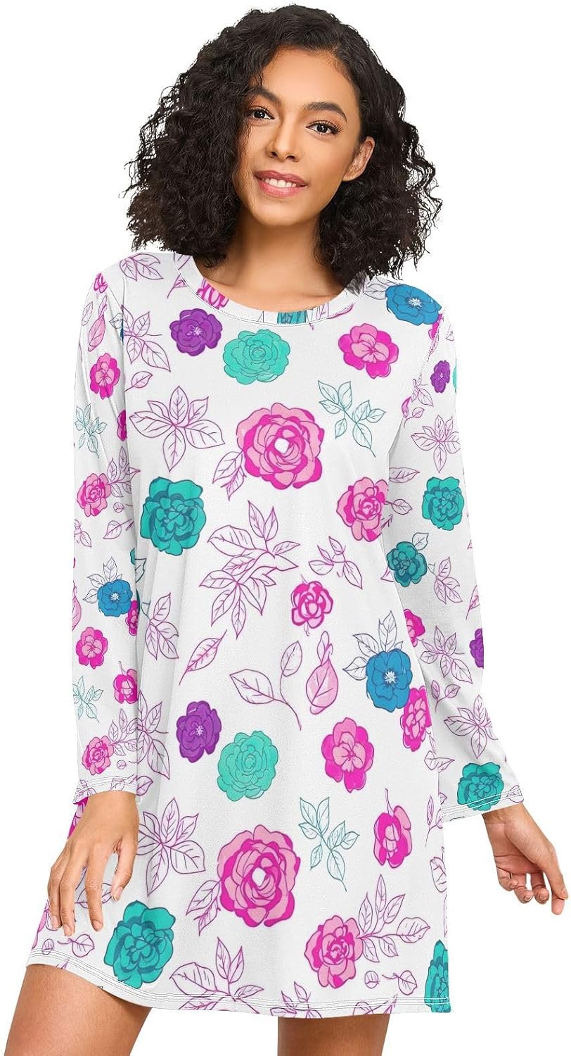 Womens Night Shirts, Long Sleeve Womens Nightgowns, Lounge Sleep Dress for Autumn, Colorful Roses Floral