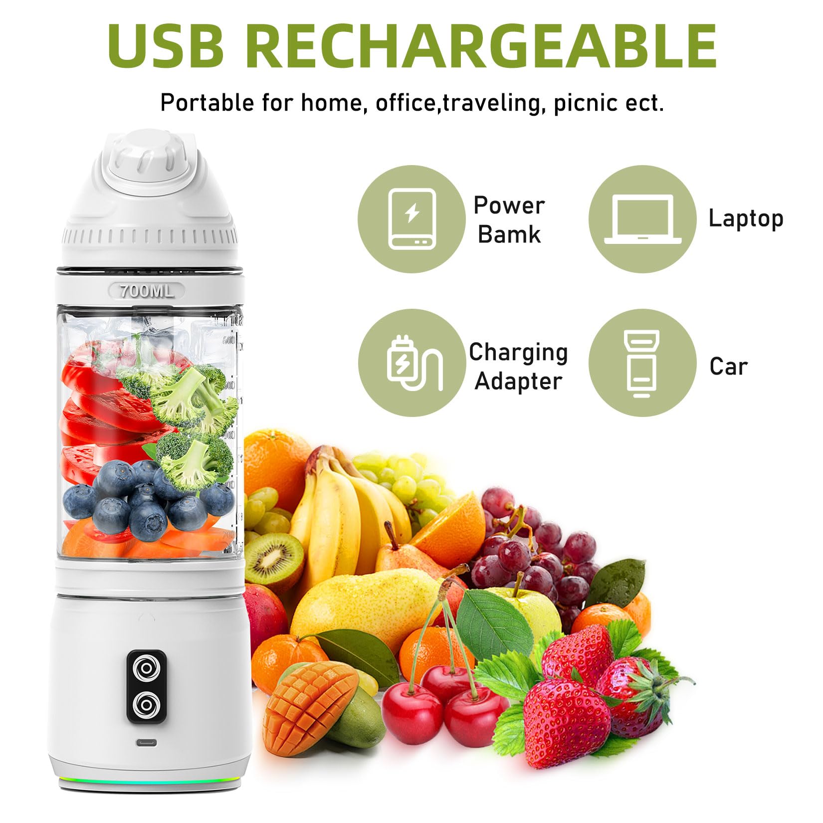 Herbst Frullatore portatile da 700 ml, frullatore per smoothie to go, Fresh Juice Mixer Flacone con 6 lame e USB ricaricabile (bianco)