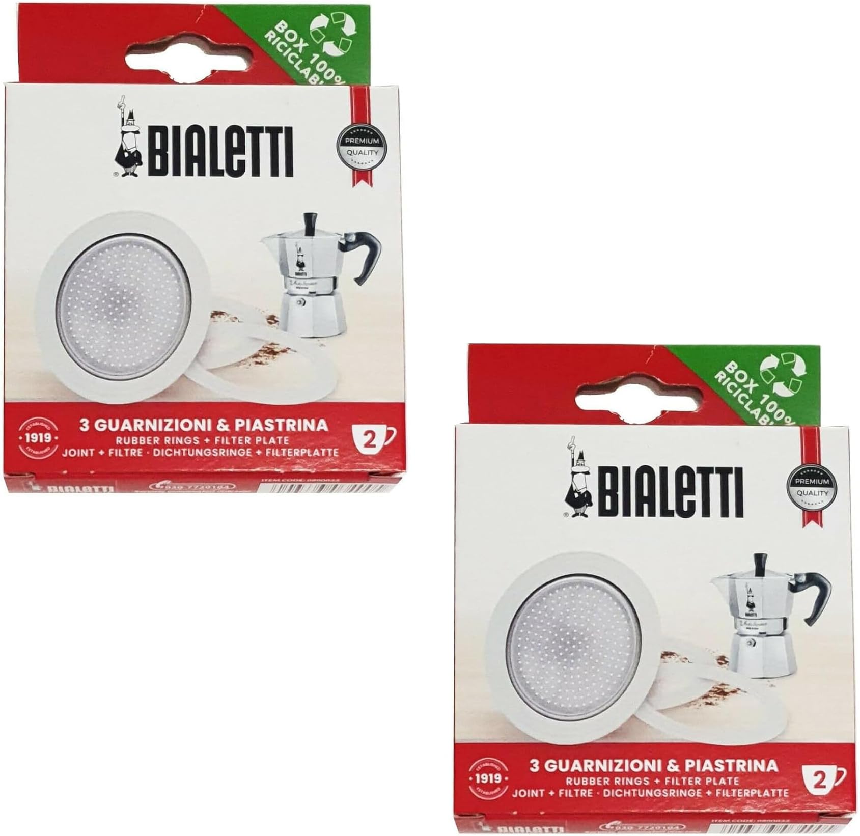 Pack of 2 Gasket & Filter Sets - For Bialetti Moka/Dama (2 Cup), Aluminio, Color Blanco, Moka Electrika, Mini Express 2 cup