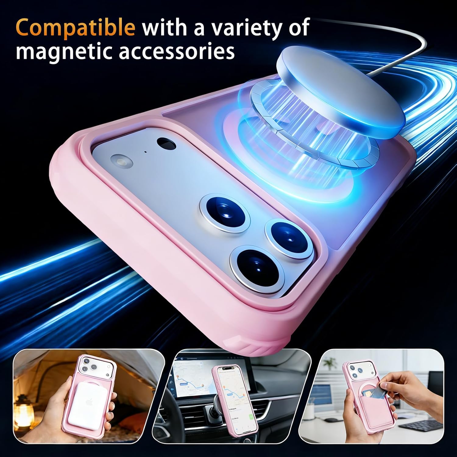 Magnetic for iPhone 17 Pro Case, Compatible with MagSafe, Threaded Border Non-Slip, 4 Cornered Pro Drop Protection, Alloy Camera Frame, Mil-Grade Drop, Shockproof Phone Case, Pink - Image 4