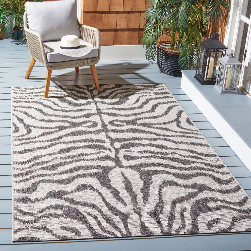 SAFAVIEH Washable Rug Outdoor Courtyard Collection - 4' x 5'7", Grey & Black, Zebra Print Design, Non-Shedding & Easy Cleaning, Ideal for Patio,