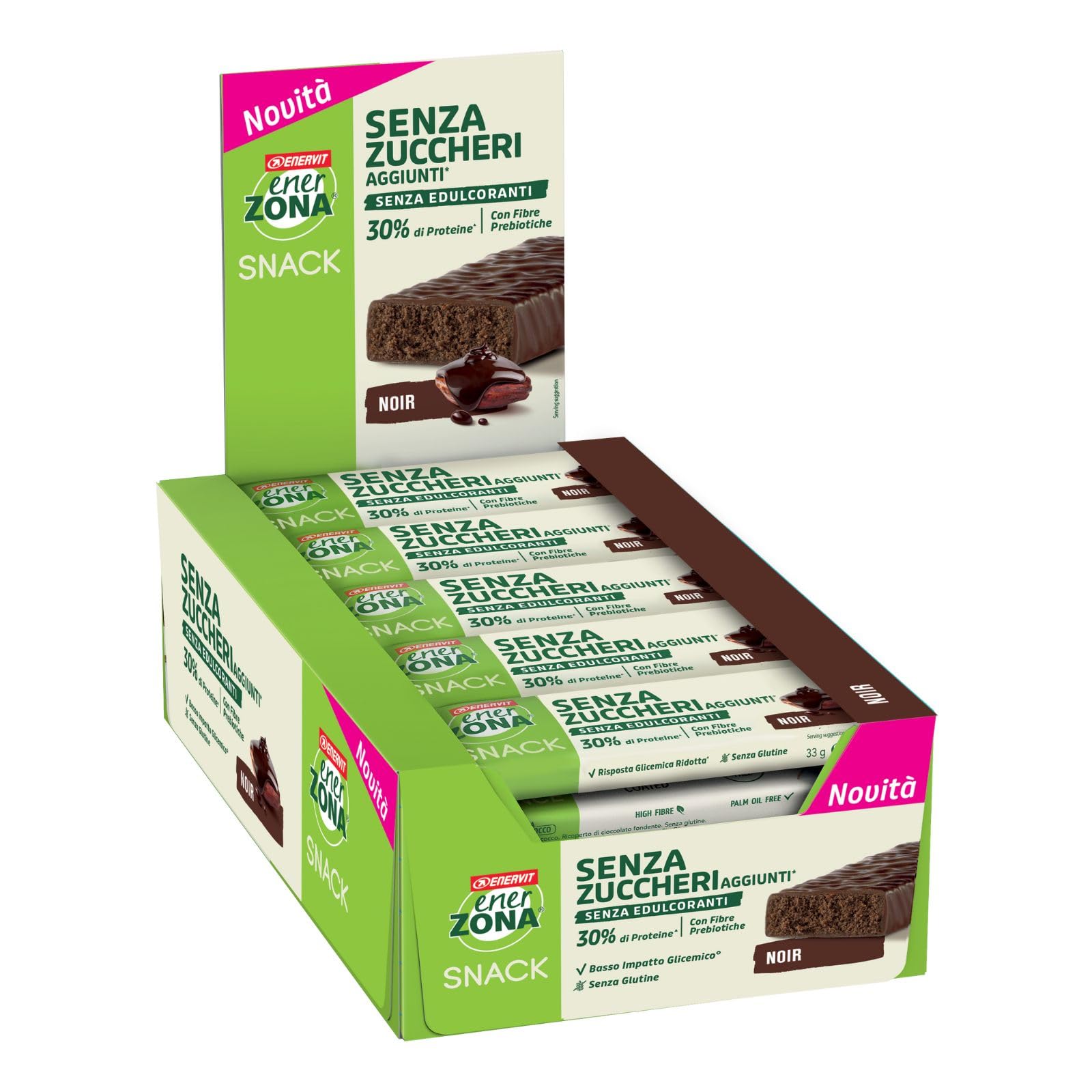 Enervit, Enerzona Protein Snack Gusto Noir, 30 Barrette Poteiche da 33gr Senza Zuccheri Aggiunti con Proteine del Latte e Fibre, per Mantenere il Tono Muscolare, Senza Olio di Palma