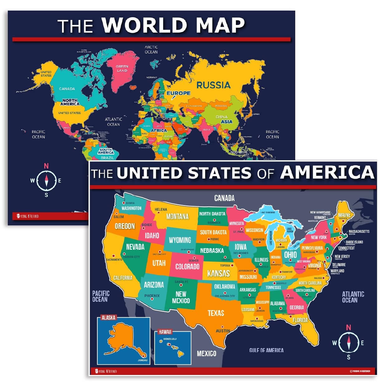 USA and World map Poster 2 Pack for Kids Laminated Blue (Updated Fixed V2.0) Young N Refined (18x24)