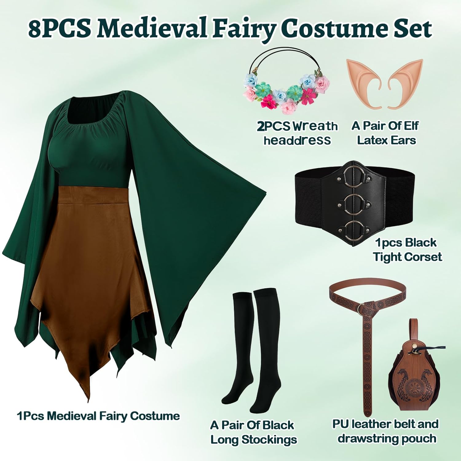 7 Pcs Women Elf Renaissance Costume Medieval Dress Traditional Irish Dress, Elf Cosplay Costume for Women Halloween - Image 3