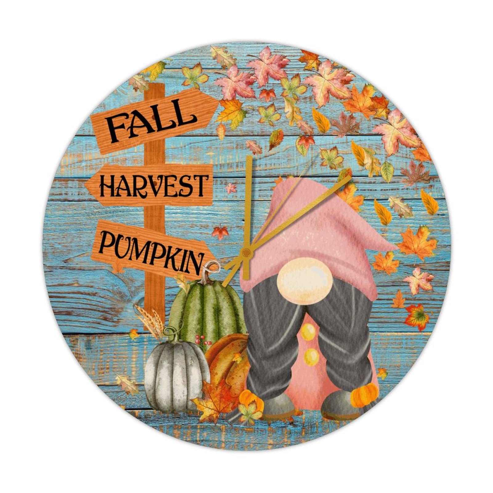 Horloge murale ronde en bois d'automne avec nains et citrouilles 38 cm