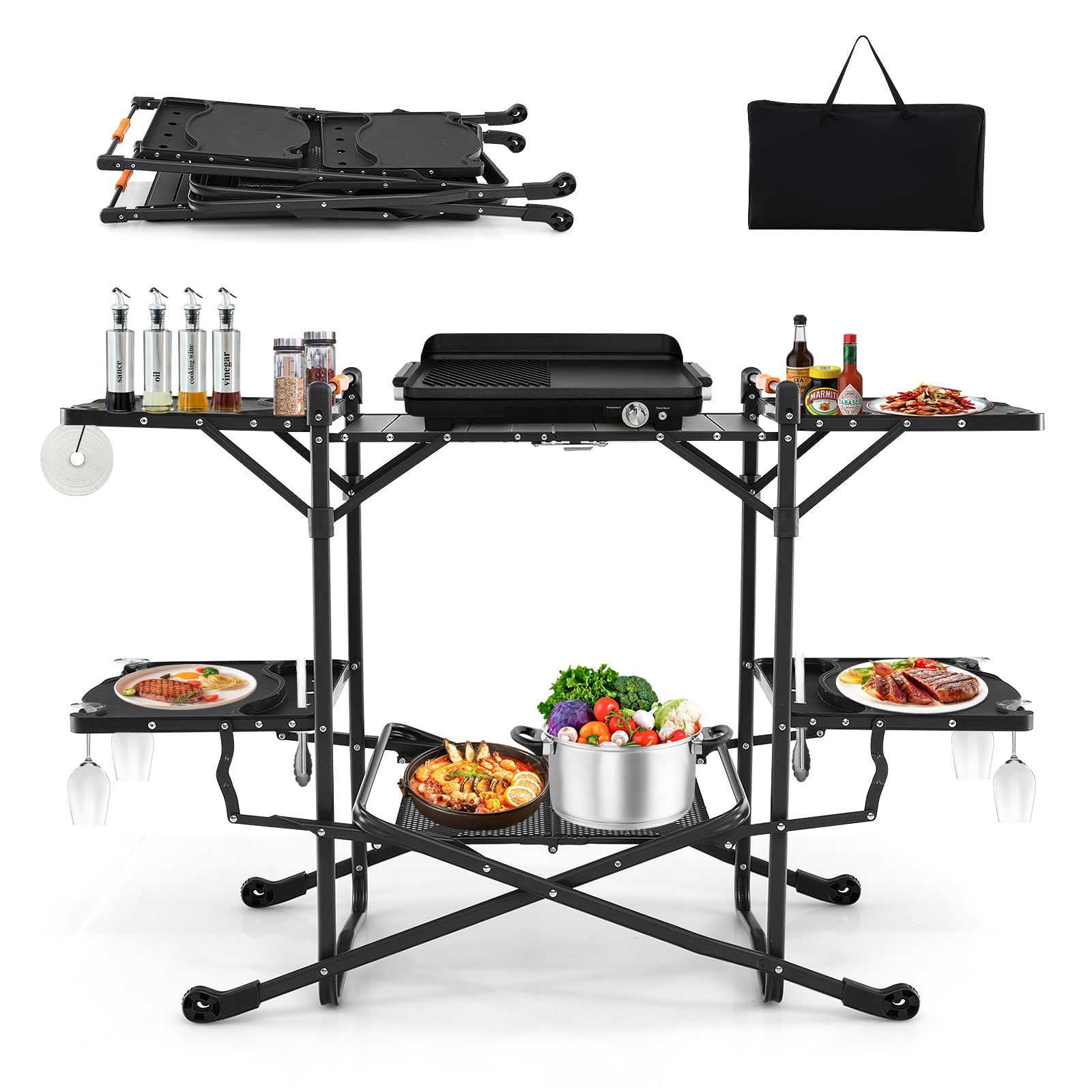 COSTWAY Campingküche klappbar, Reiseküche mit Aluminium-Tischplatte, 4 Seitentischen, Ablage & Tragetasche, Camping Küche, Outdoor-Kochstation für Picknick, Grillen, Camping und Reisen