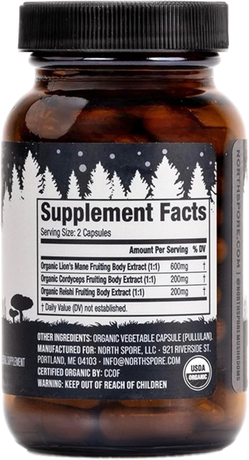 North Spore Organic Clarity Mushroom Extract Capsules | Lions Mane, Reishi, Cordyceps Supplement | Boost Focus, Memory, Vitality, Cognitive Function | Pure Organic Extract Blend - 120ct - Image 4