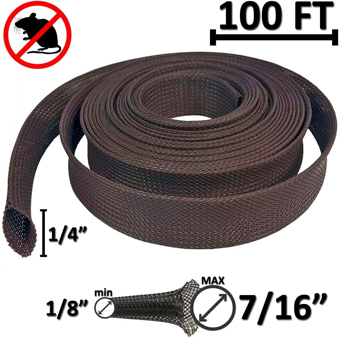 Electriduct 1/4" Chewing Resistant Braided Sleeving Repulsive Hose Wire Mesh Cable Protection Flexible Expandable Wrap - 100 Feet