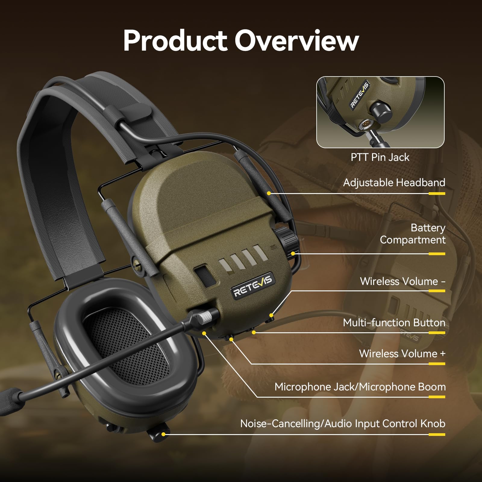Retevis EH080K Taktisches Headset, Elektronisches Headset mit Geräuschunterdrückung und Tonaufnahme für die Jagd, Kabelloses Komfortables Kompatibel mit RT24, RT27, H777, RA89, RT85, RT86 (1 Stück)