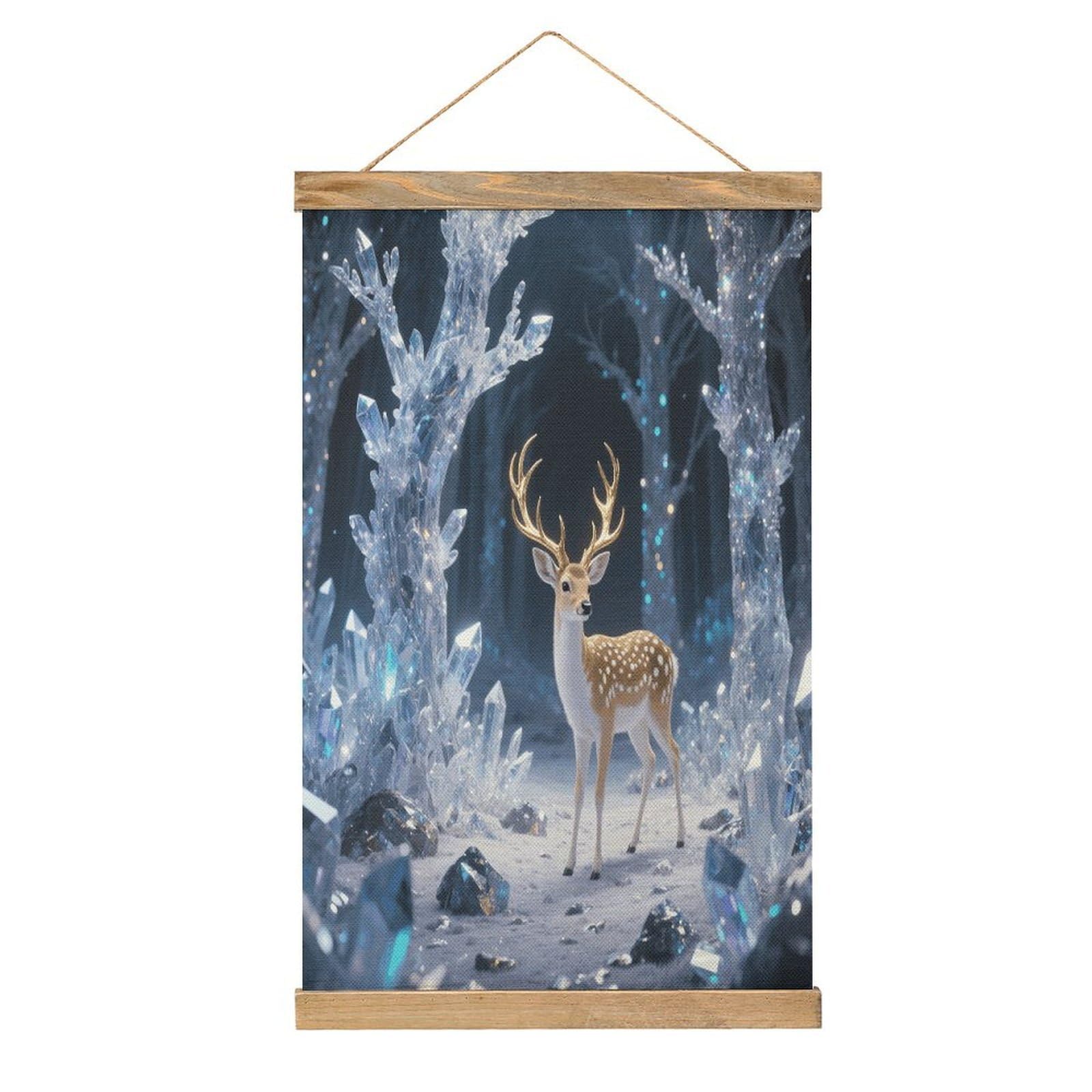 VstaDank Deer in Crystal Forest Hanging Poster with Wooden Frame Modern Linen Hanging Painting Retro Style Wall Decor Art Painting for Living Room,Bedroom Decor Poster Frame 20.4x13.1inch