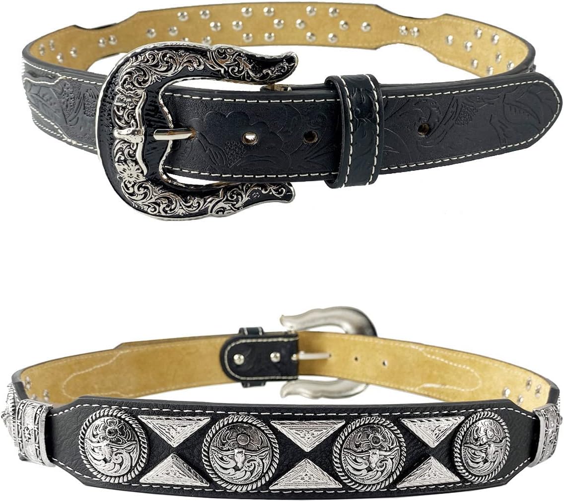 URAMAN Mens Western Belt Cowboy Country Concho Leather Belt for Jeans Pants Rodeo - Image 2