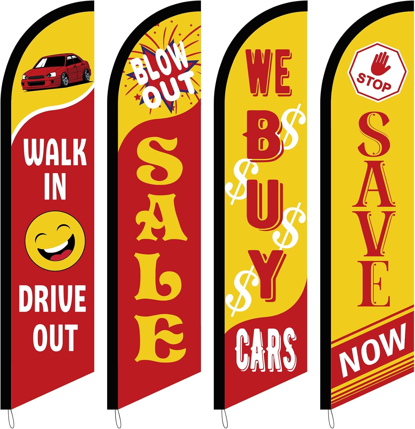 4 Pack Used Cars Flag Windless Swooper Flag 2.5 x 12 ft Auto Dealer Sale Advertising Supplies, Walk in Drive Out, Blow out Sale, Stop Save Now, We Buy Cars