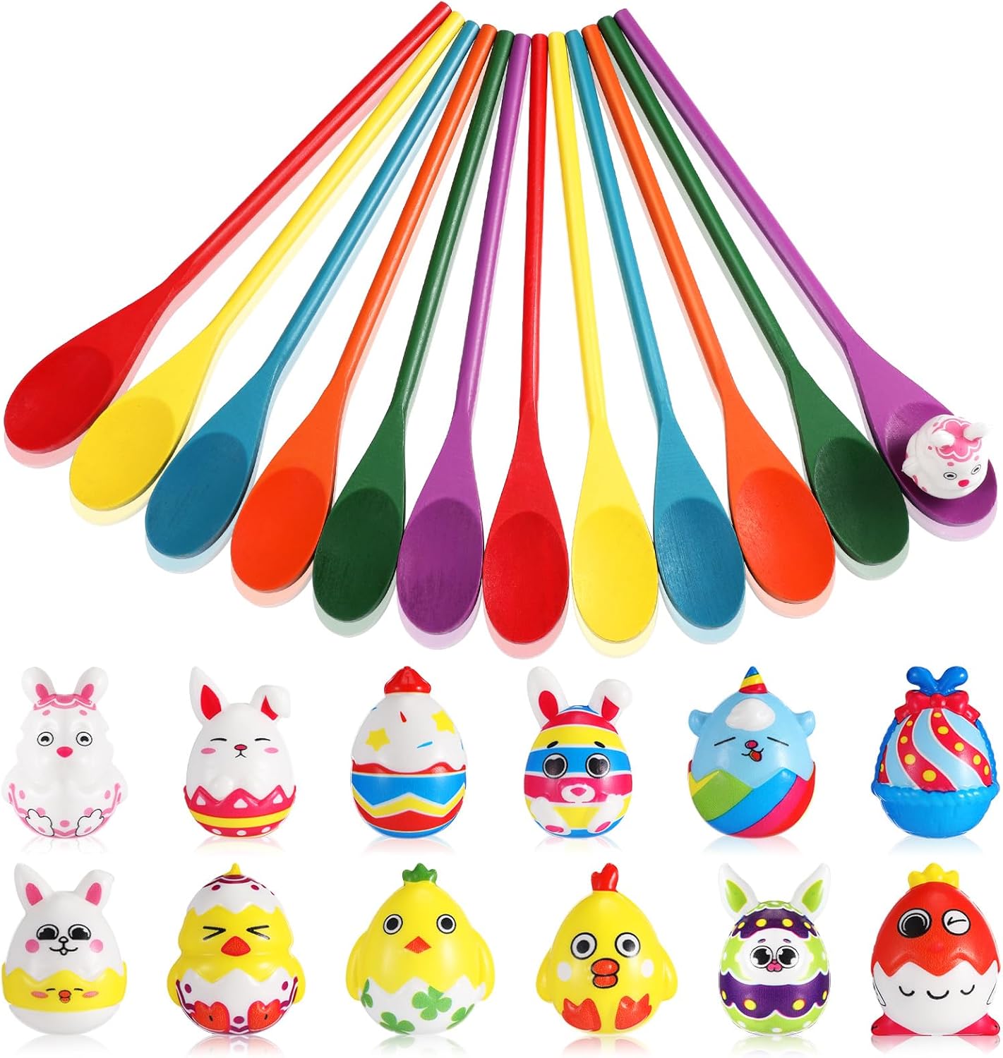 Toulite 24 Pcs Egg Spoon Race Includes 12 Wood Spoons 12 Easter Relay Race Egg Foam Stress Ball Balance Relay Hunt for Indoor Outdoor Easter Party Supply