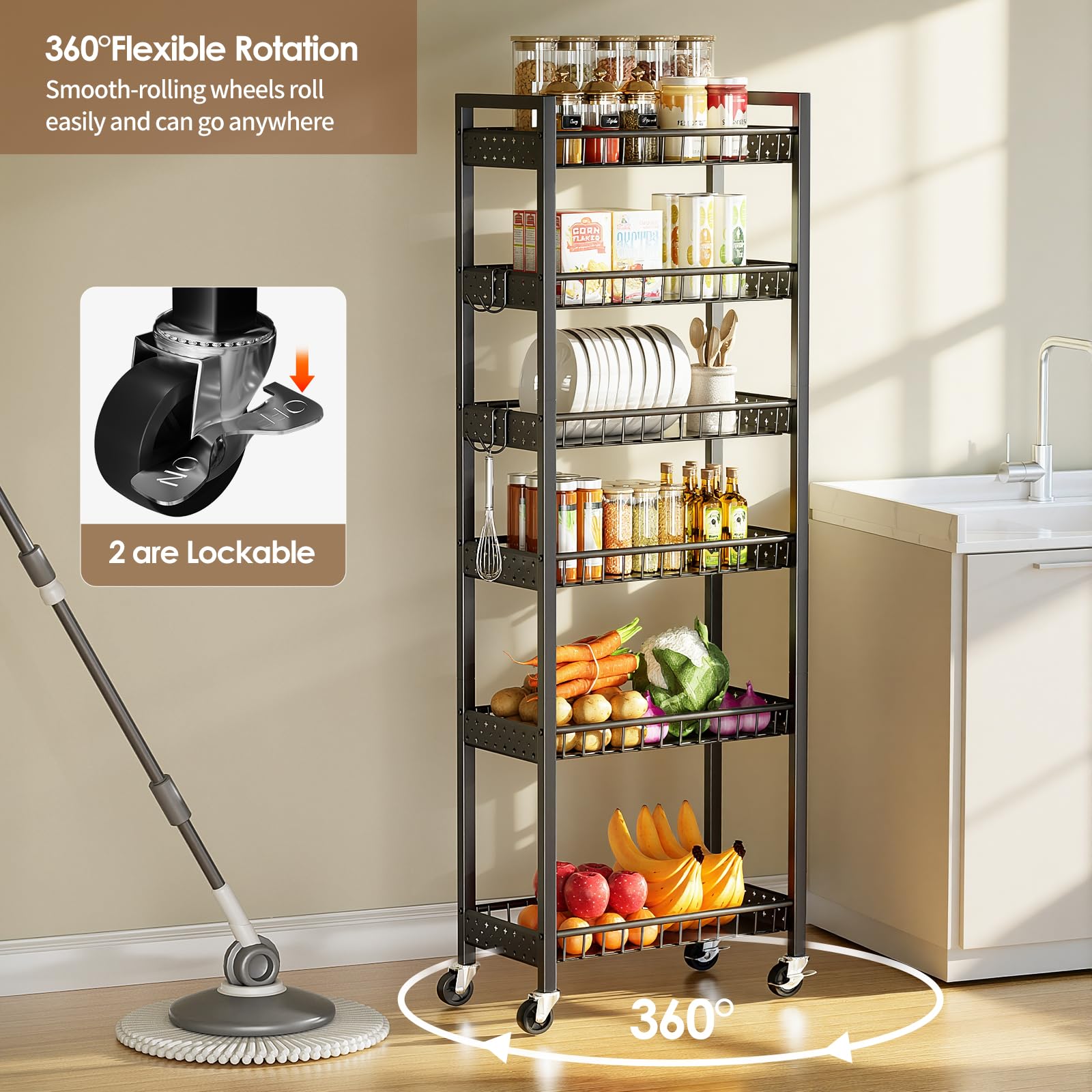 Carrello Portaoggetti Sottile, Carrello a 6 Ripiani con Ruote, Scaffalatura Sottile Mobile Multiuso per Cucina, Bagno, Lavanderia, Soggiorno, Spazi Ristretti, 9,84 pollici (L)