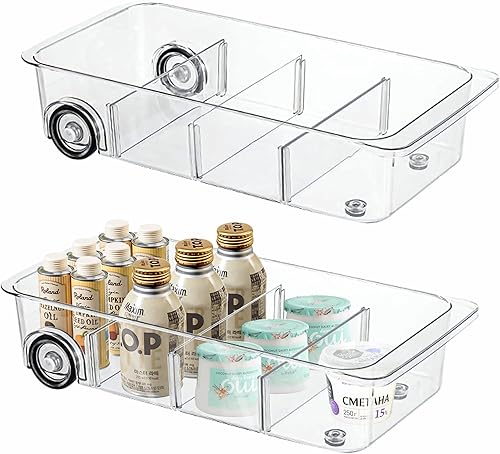 MANO Paquete de 2 bandejas divididas para refrigerador, organizador de refrigerador con ruedas para despensa de verduras, caja de aperitivos debajo