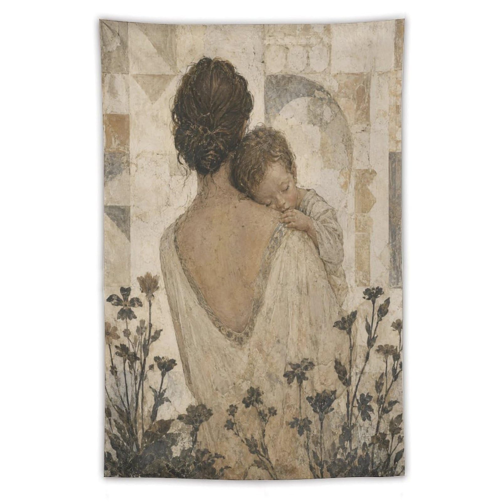 H3B8U2Y5 Mother and Child Sepia Wall Tapestry, Realistic Illustration, Bed