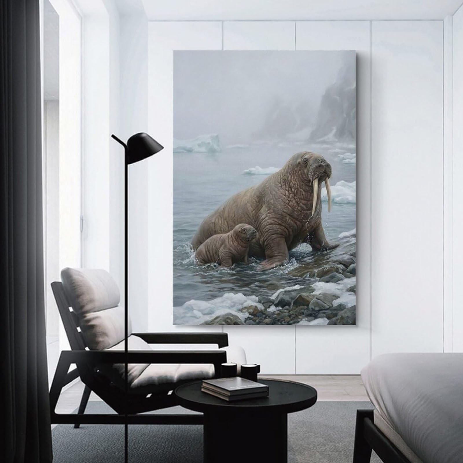 Junmoney Wall Art Print Walrus Mother And Pup on Shore, 16x24inch(40x60cm), for Study, Office Or Focused Interiors, Decorative Artwork for Productive Spaces